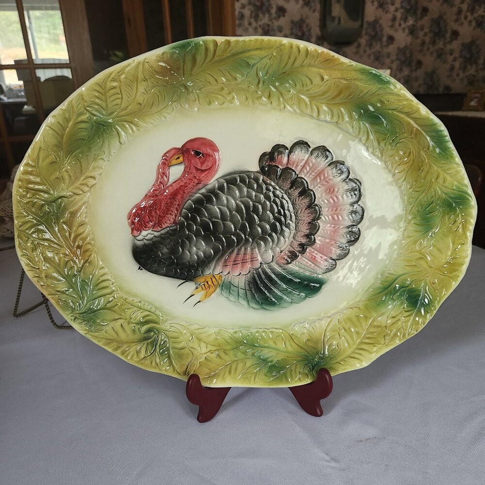 Turkey Serving Platter Plate Thanksgiving 14x18" ITALY Leaf MCM Holiday Embossed
